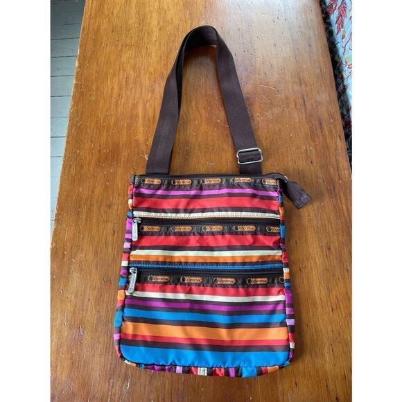 NWOT LeSportsac brown w/ colorful rainbow stripe zipper tote - Picture 1 of 4